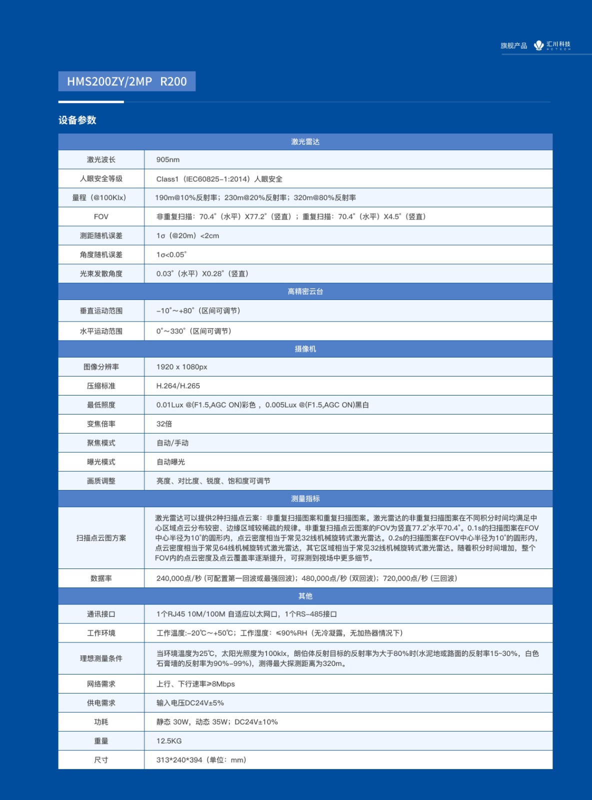 HMS-200 面扫激光雷达摄像机设备技术参数